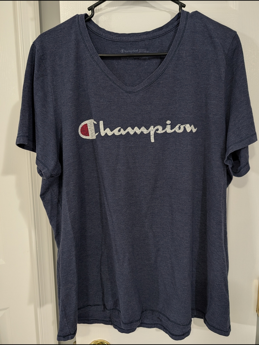 Champion Heather Navy V-Neck Shirt with White Logo